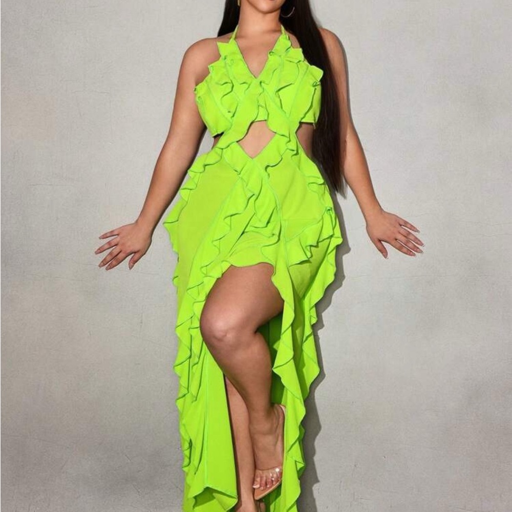 Vibrant Green Halter Top Ruffle Maxi Dress Slit Cut Out Size 1X